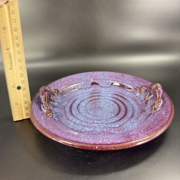 Hand Made Vintage Pottery Dish Tray With Handles Purple Drip Glaze Artist Signed - Picture 7 of 15